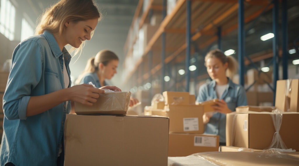 Several people in a warehouse setting are engaged in packaging activities with cardboard boxes. They appear to be preparing packages for shipment in an industrial environment, surrounded by large shelves and stacks of boxes. The workers are dressed in casual work attire.