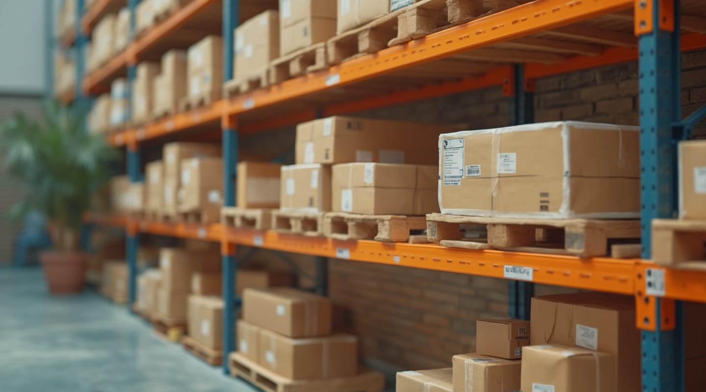 Shelves with cardboard boxes in a warehouse, organized on pallets, featuring a steel and orange shelving system, with a potted plant in the background.
