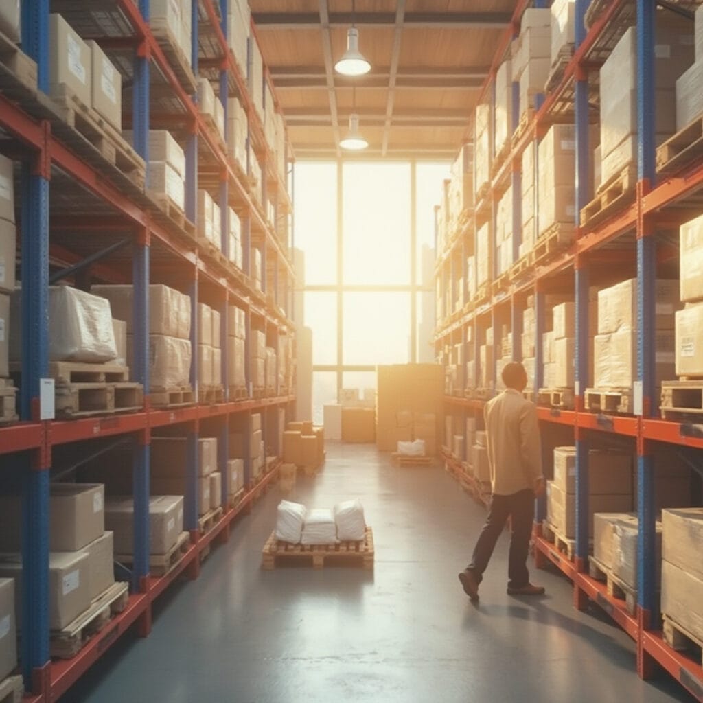 Interior of a warehouse with tall shelves filled with boxes and packages stacked on pallets. An individual walks down the aisle between the shelves. Sunlight streams in through large windows, indicating it's early morning or late afternoon.