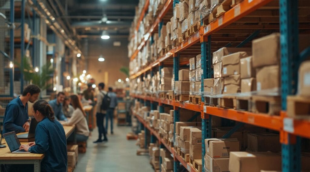 A warehouse interior with shelves filled with boxes and packages on the right. On the left, several people are working on laptops at a long table. The area is busy, with more people in the background, indicating a collaborative workspace or meeting area within the warehouse.