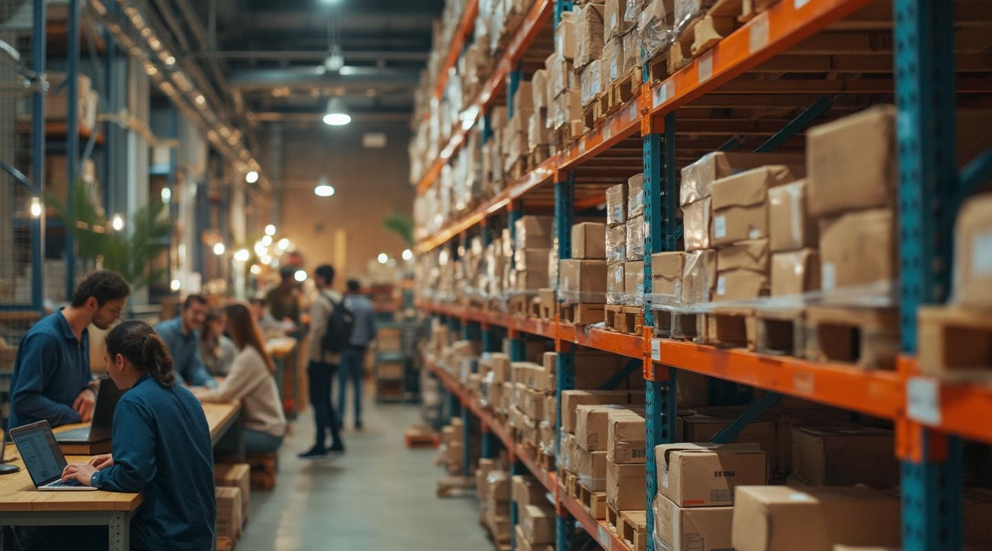 A warehouse interior with shelves filled with boxes and packages on the right. On the left, several people are working on laptops at a long table. The area is busy, with more people in the background, indicating a collaborative workspace or meeting area within the warehouse.