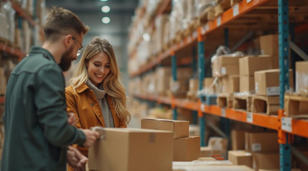 Two individuals in a warehouse surrounded by shelves of cardboard boxes. One person is holding a box while both are conversing and examining it in a professional and collaborative atmosphere.