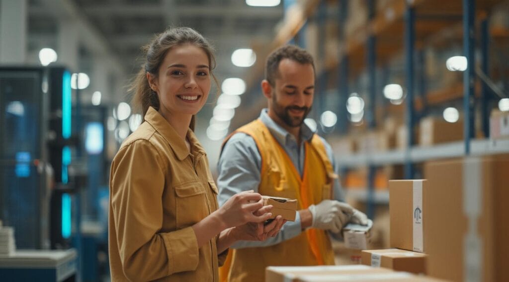 Two people working in a warehouse: one person in the foreground is smiling and holding a small cardboard box, while the other, wearing an orange safety vest, is handling a package. Shelves filled with boxes can be seen in the background, indicating an organized storage or distribution environment.