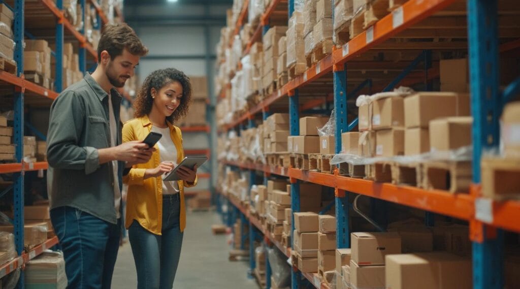 Two people in a warehouse aisle surrounded by shelves stocked with cardboard boxes. One is holding a smartphone, and the other is using a tablet, seemingly managing inventory or conducting an audit.