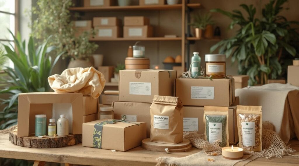An arrangement of eco-friendly packaged products, including bottles, jars, and bags in neutral-colored or recycled materials, displayed on a table. The scene is accented with plants, natural elements, and a lit candle, emphasizing sustainability and a cozy atmosphere.