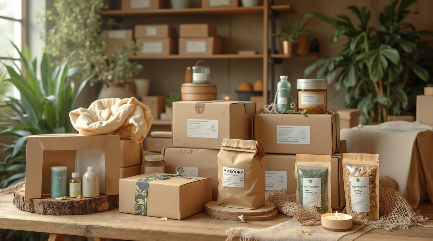 An arrangement of eco-friendly packaged products, including bottles, jars, and bags in neutral-colored or recycled materials, displayed on a table. The scene is accented with plants, natural elements, and a lit candle, emphasizing sustainability and a cozy atmosphere.