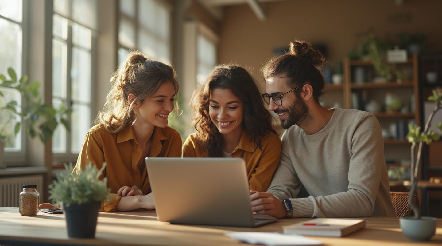 Three people sitting together at a table, smiling and looking at a laptop in a well-lit, cozy environment. The background features plants and bookshelves, and the table has items like a jar and a small plant. They appear to be enjoying a collaborative or social moment.