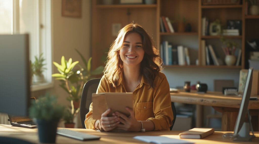 A person sits at a desk in a well-lit room, smiling at the camera while holding a tablet or book. The background includes bookshelves filled with books and decorative items, as well as plants near a window, creating a cozy and inviting ambiance.