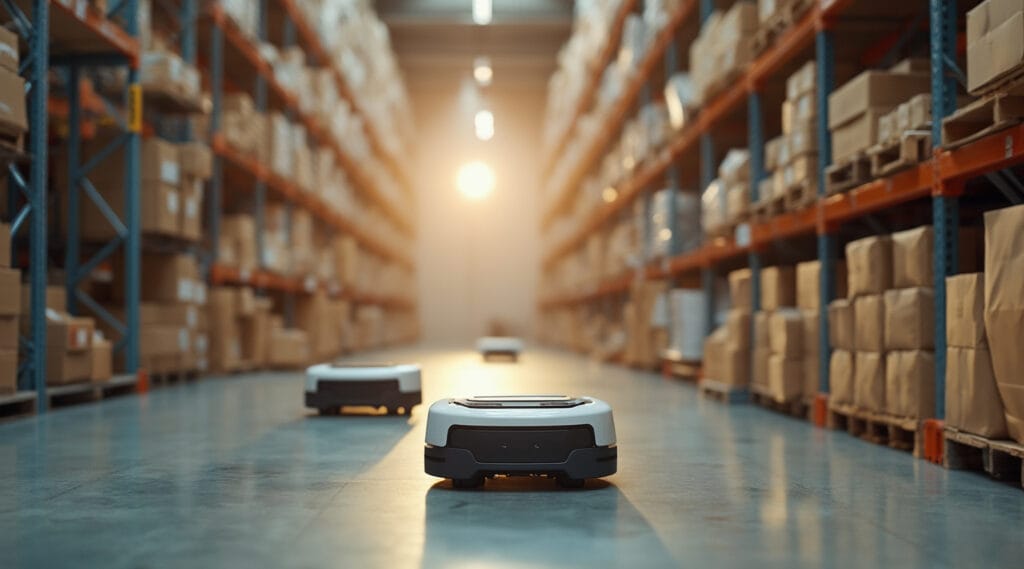 A warehouse with shelves stocked with boxes. In the foreground, autonomous robots move across the floor, likely transporting items. The background is well-lit, showcasing the length and depth of the warehouse.