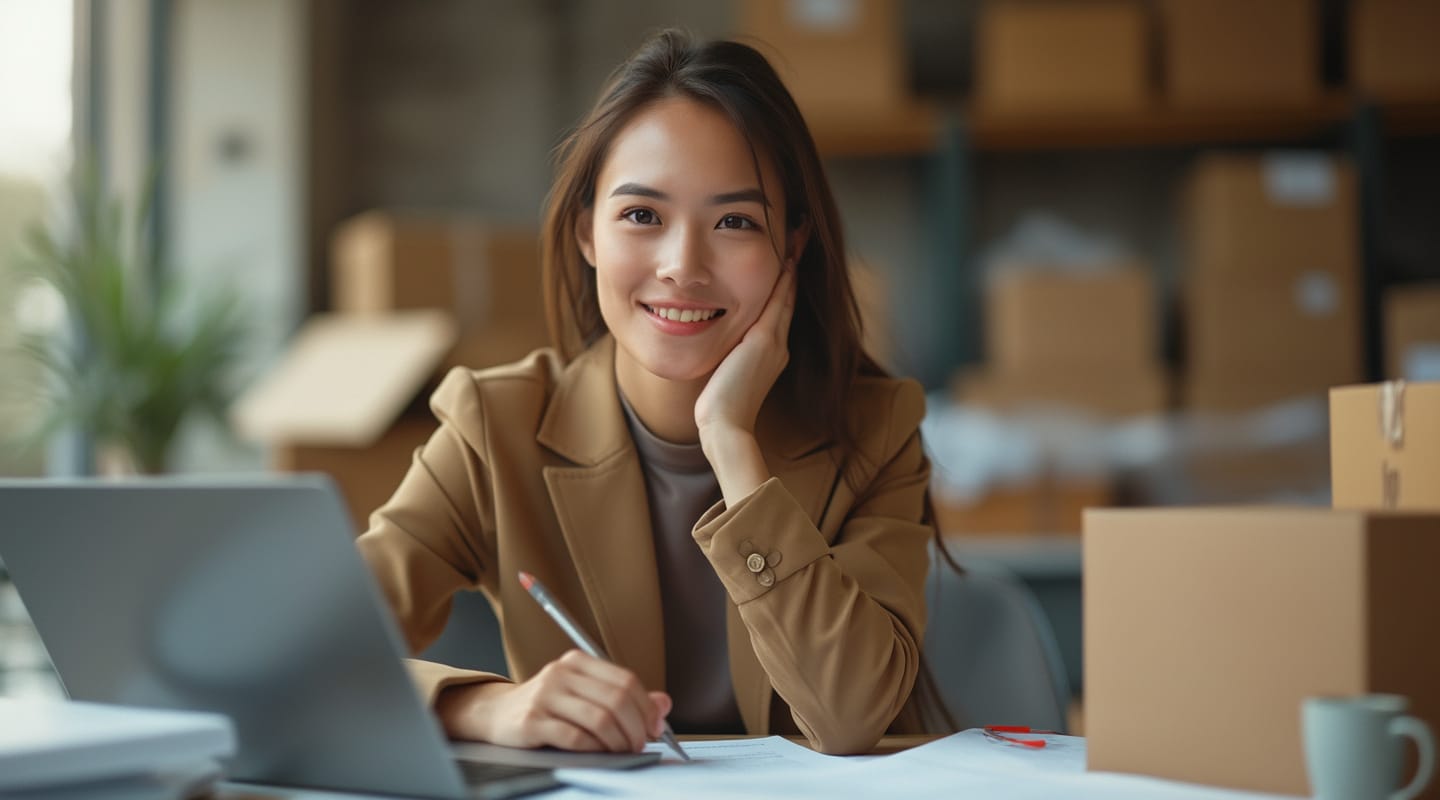 A woman sitting at a table with a laptop and paperwork, smiling while holding a pen. Several cardboard boxes are visible in the background, indicating a workspace or office environment.