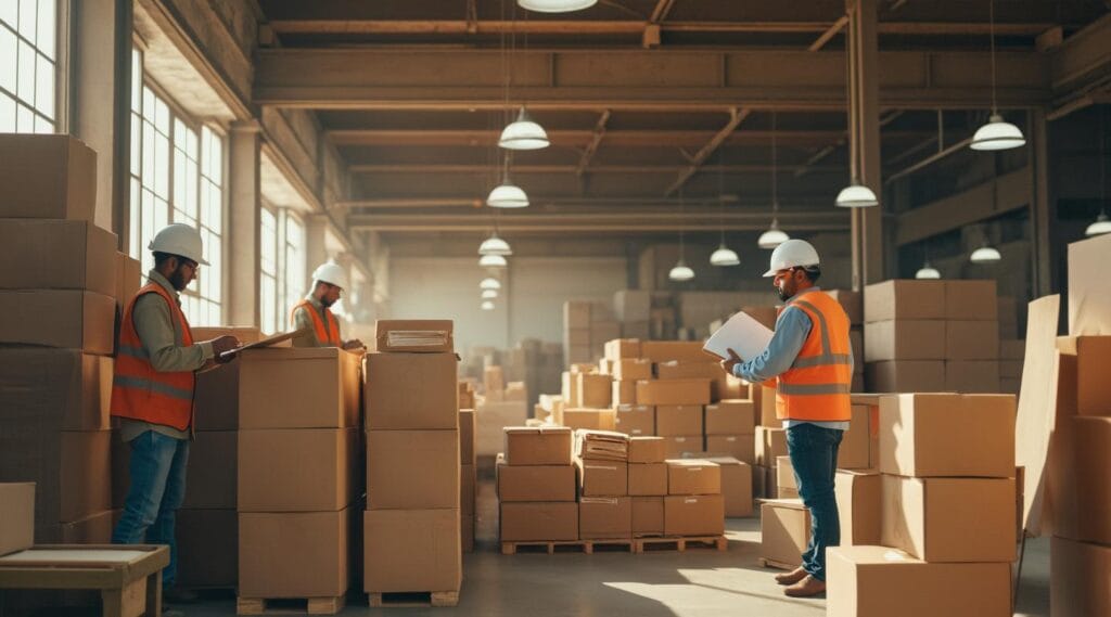 A warehouse environment with workers wearing orange safety vests and white hard hats. They are inspecting or organizing stacks of cardboard boxes, some on pallets, while using clipboards or paperwork. The warehouse is well-lit with large windows and overhead lights.