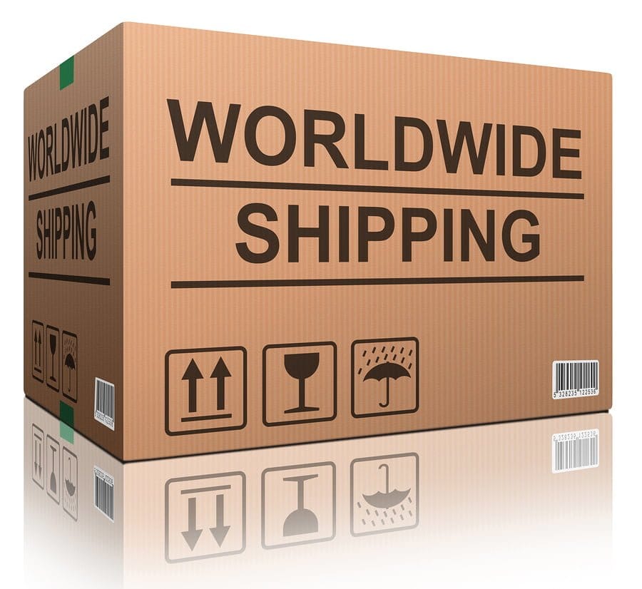 Cardboard box labeled worldwide shipping with symbols.