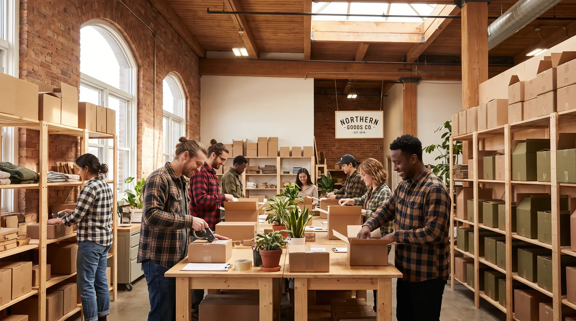 A group of people working together in a warehouse-like workspace with exposed brick walls, assembling and packing boxes at tables. The room has shelves stocked with boxes and materials, along with plants on the tables. A sign in the background reads 'Northern Goods Co.'