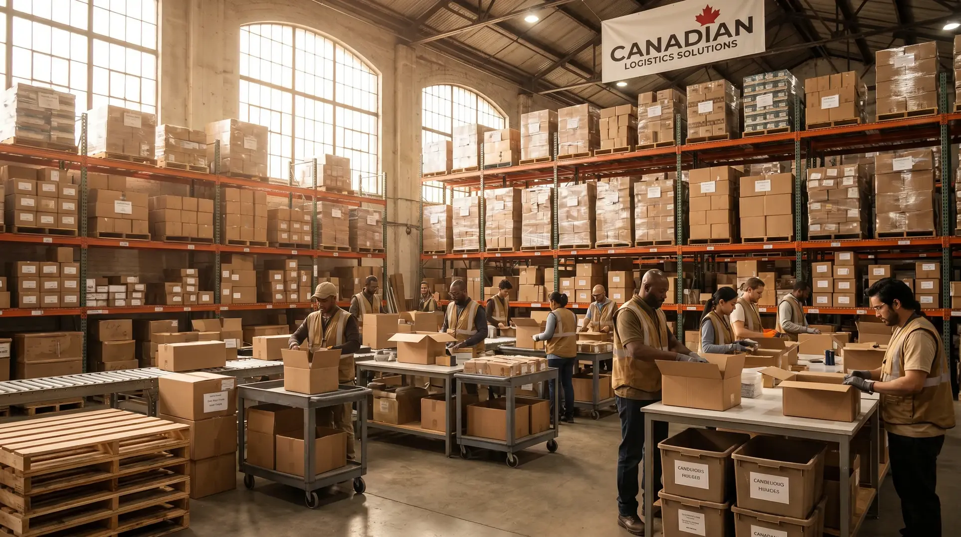 A busy warehouse with workers packing and organizing boxes for shipment. The warehouse features high shelves stacked with boxes and a banner reading 'Canadian Logistics Solutions' hanging from the ceiling. Large windows provide ample natural light in the well-lit space.