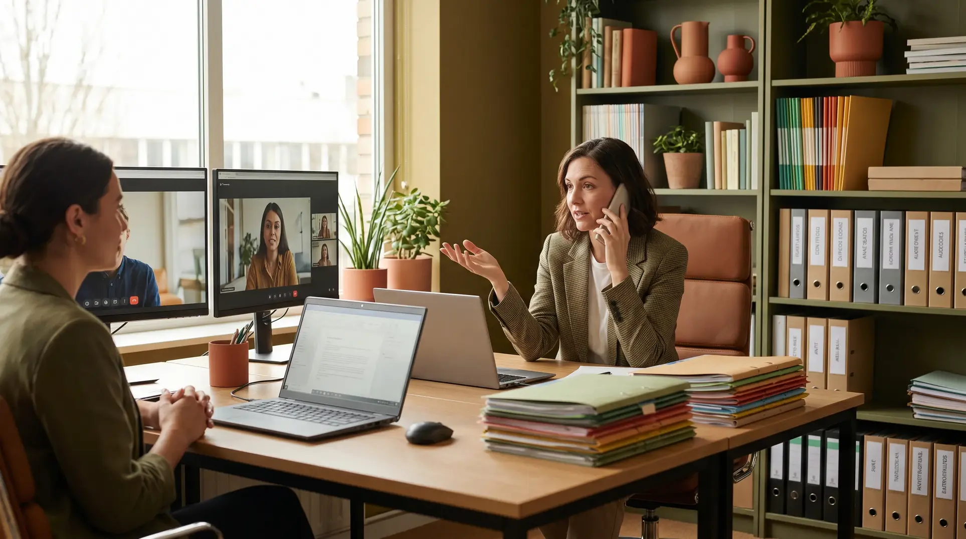 Two people in a modern office environment; one is talking on a phone while looking at a laptop, and the other is viewing two monitors showing a video conference. The office has potted plants, shelves with books and binders, and a table with stacks of files, creating an organized and professional atmosphere.