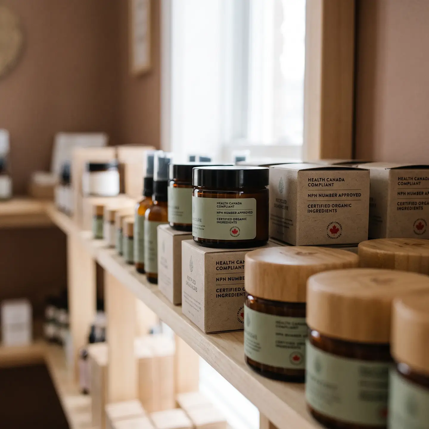 Cosmetic products on shelves