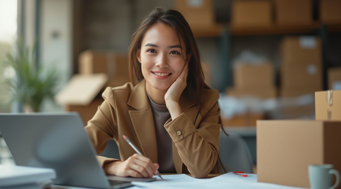 A woman sitting at a table with a laptop and paperwork, smiling while holding a pen. Several cardboard boxes are visible in the background, indicating a workspace or office environment.