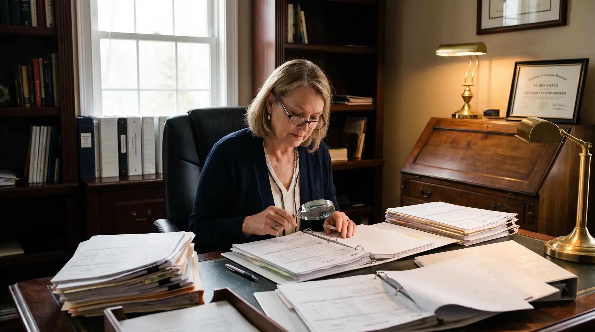 A woman sits at a desk in an office, examining documents with a magnifying glass. The desk is cluttered with stacks of papers and binders. In the background, there is a window, a bookshelf filled with books and binders, and a certificate on the wall. A lamp on the desk provides additional light.