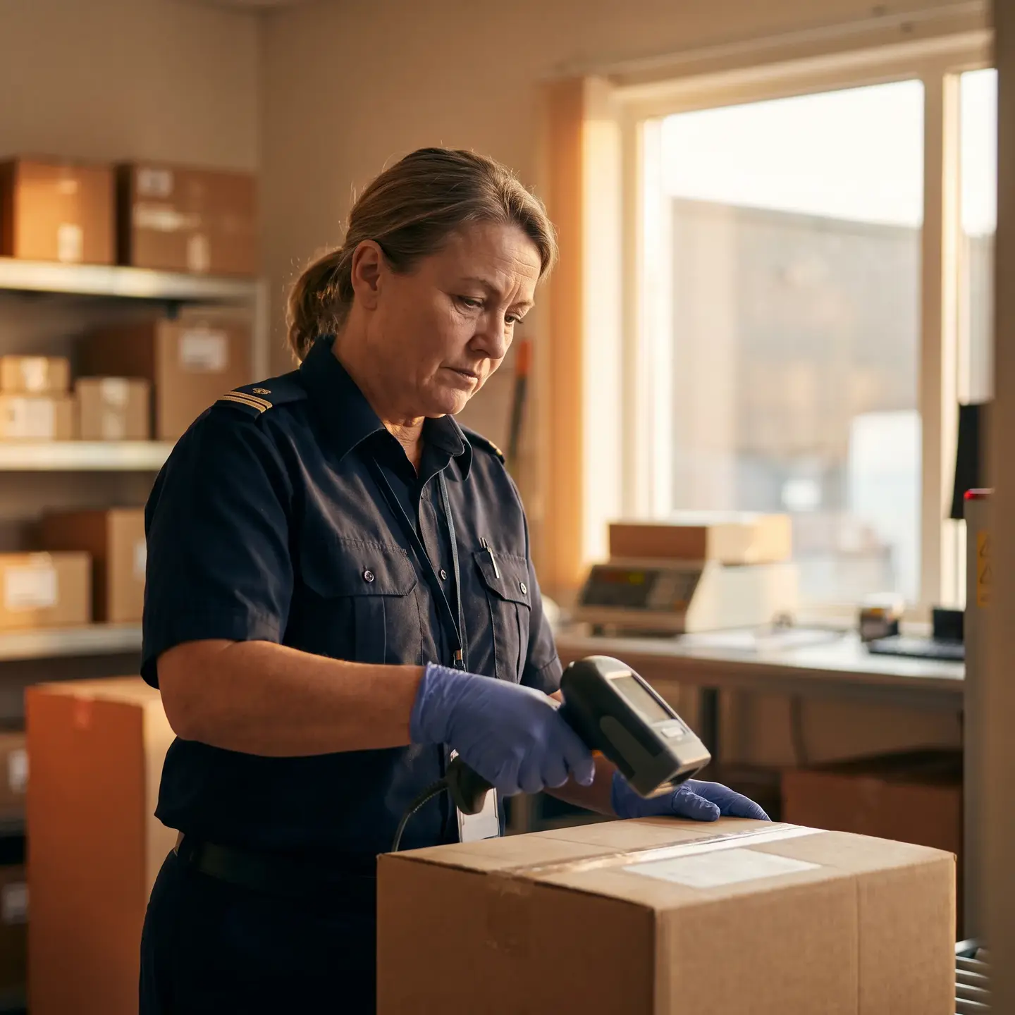 Customs officer inspecting international package