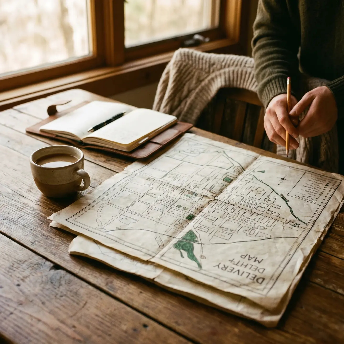 Delivery map and logistics strategy planning on desk