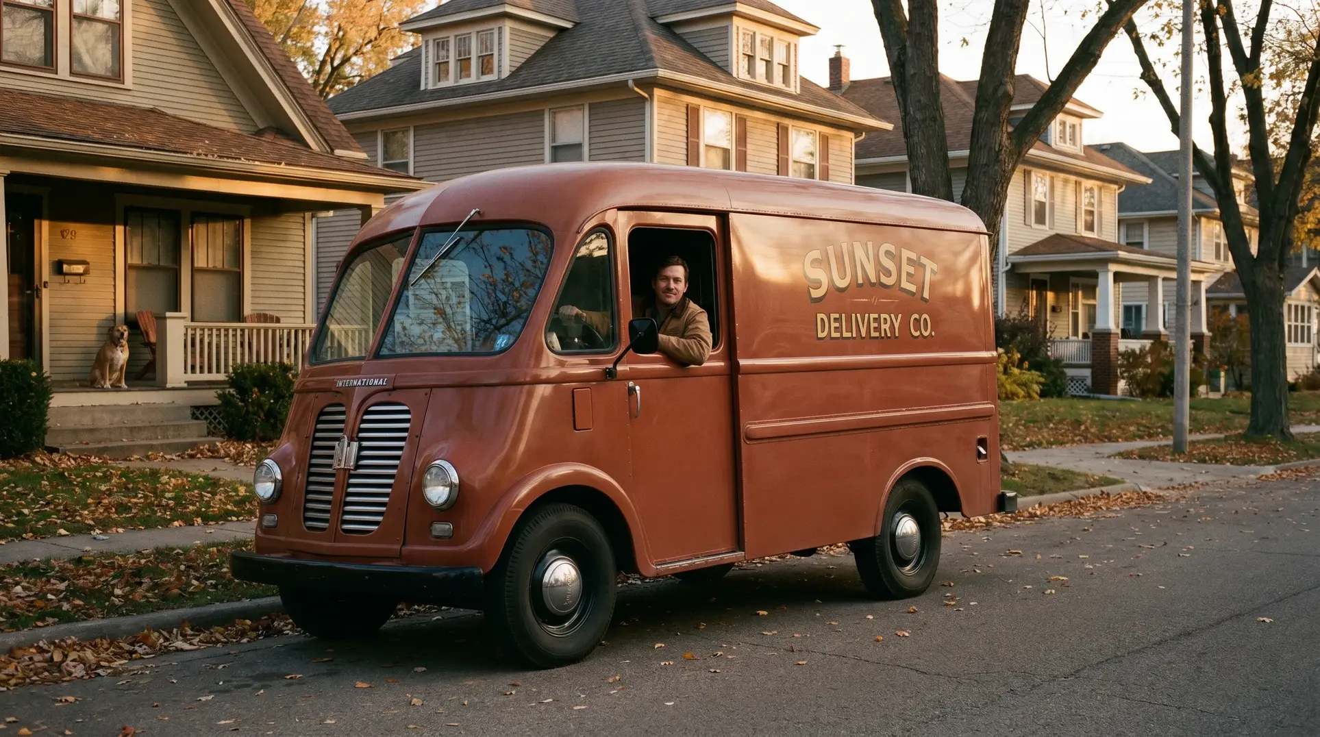 A vintage delivery van with 'SUNSET DELIVERY CO.' written on its side is parked on a residential street. A person is sitting inside the van, appearing to be the driver. The neighborhood features houses, trees, and a dog sitting on the porch of one house. Leaves are scattered on the ground, suggesting an autumn setting.