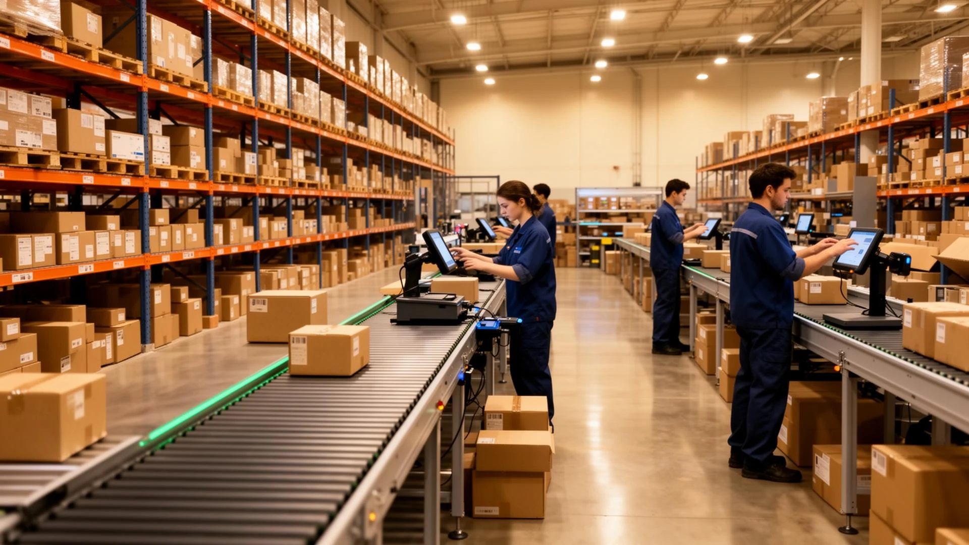 Warehouse staff at touchscreen packing stations beside conveyors and stocked racking