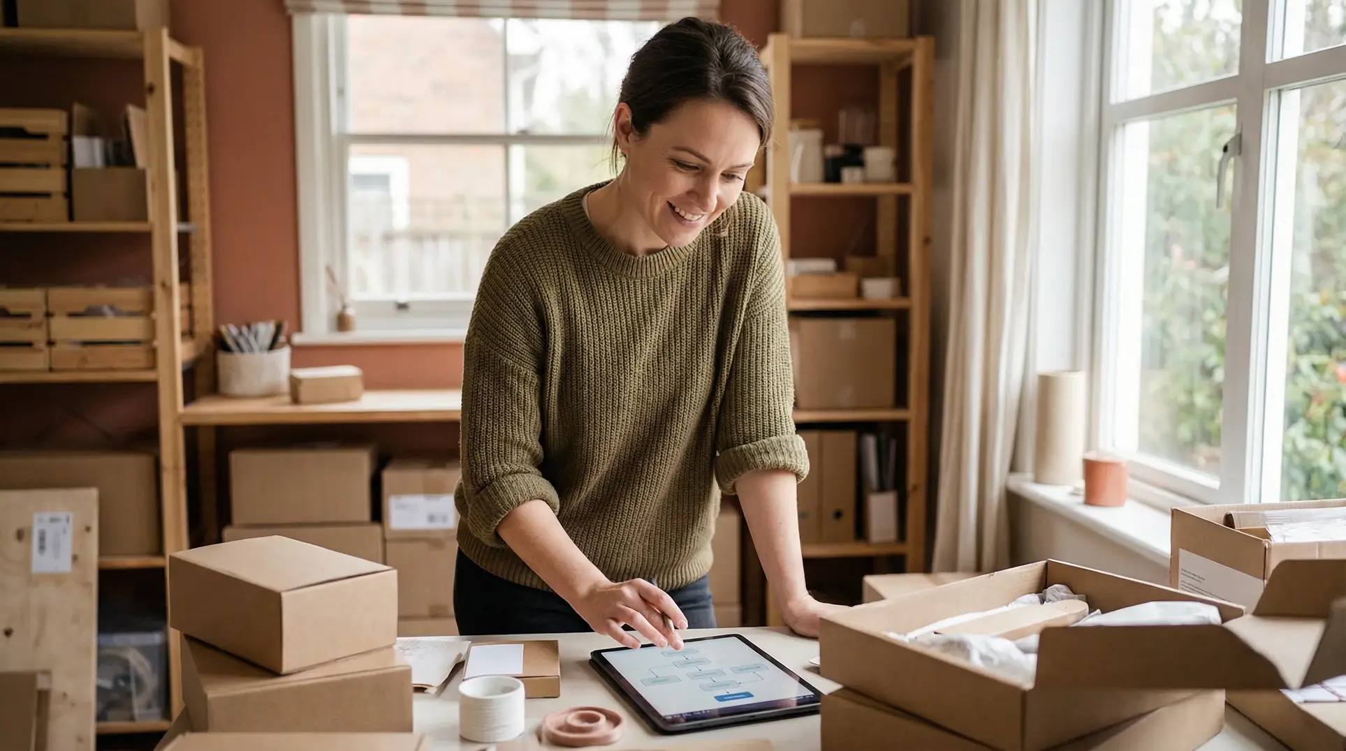 A person stands at a desk in a room filled with boxes and packaging materials, using a tablet. Shelves with more boxes and supplies are visible in the background, and a window lets in natural light, suggesting a small business or home office environment.