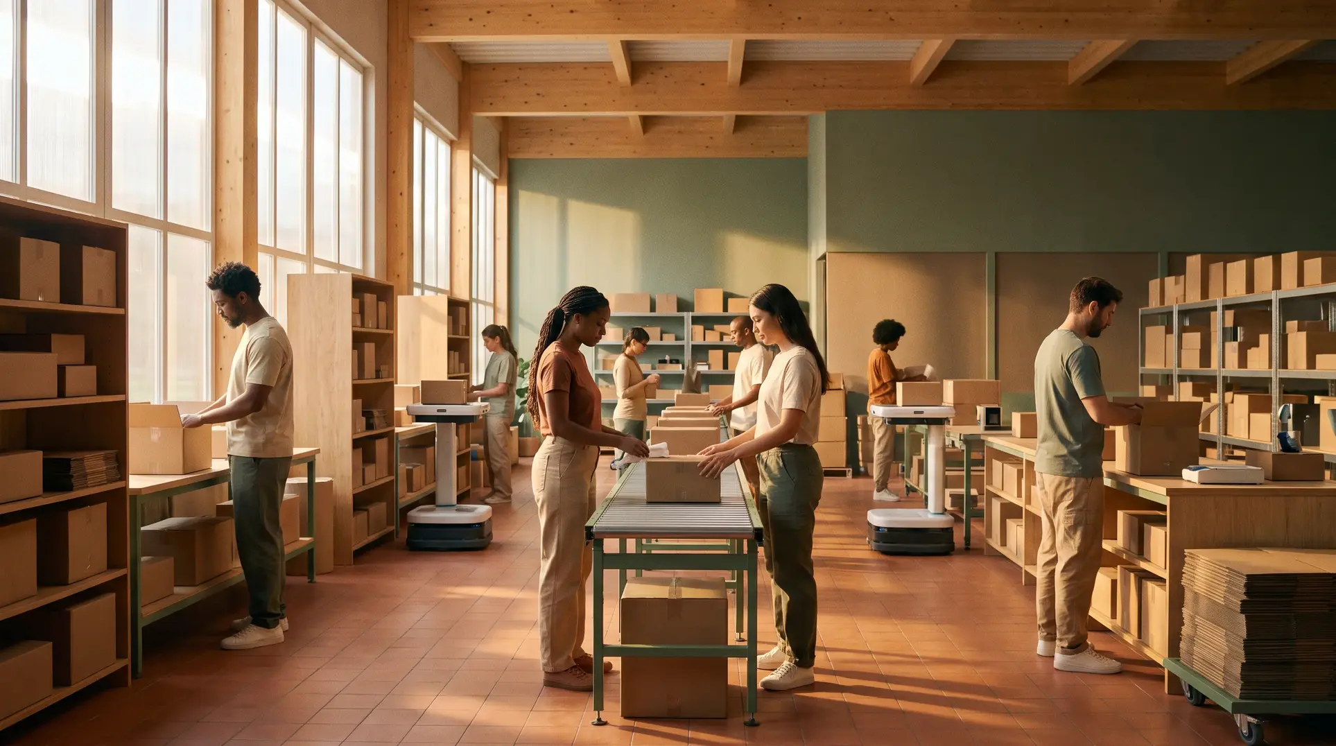 A group of people are working in a large, well-lit warehouse or packaging facility with high ceilings and large windows. They are handling boxes on tables and shelves, surrounded by storage racks filled with boxes. Small robots or trolleys are visible, assisting with the transport of items.