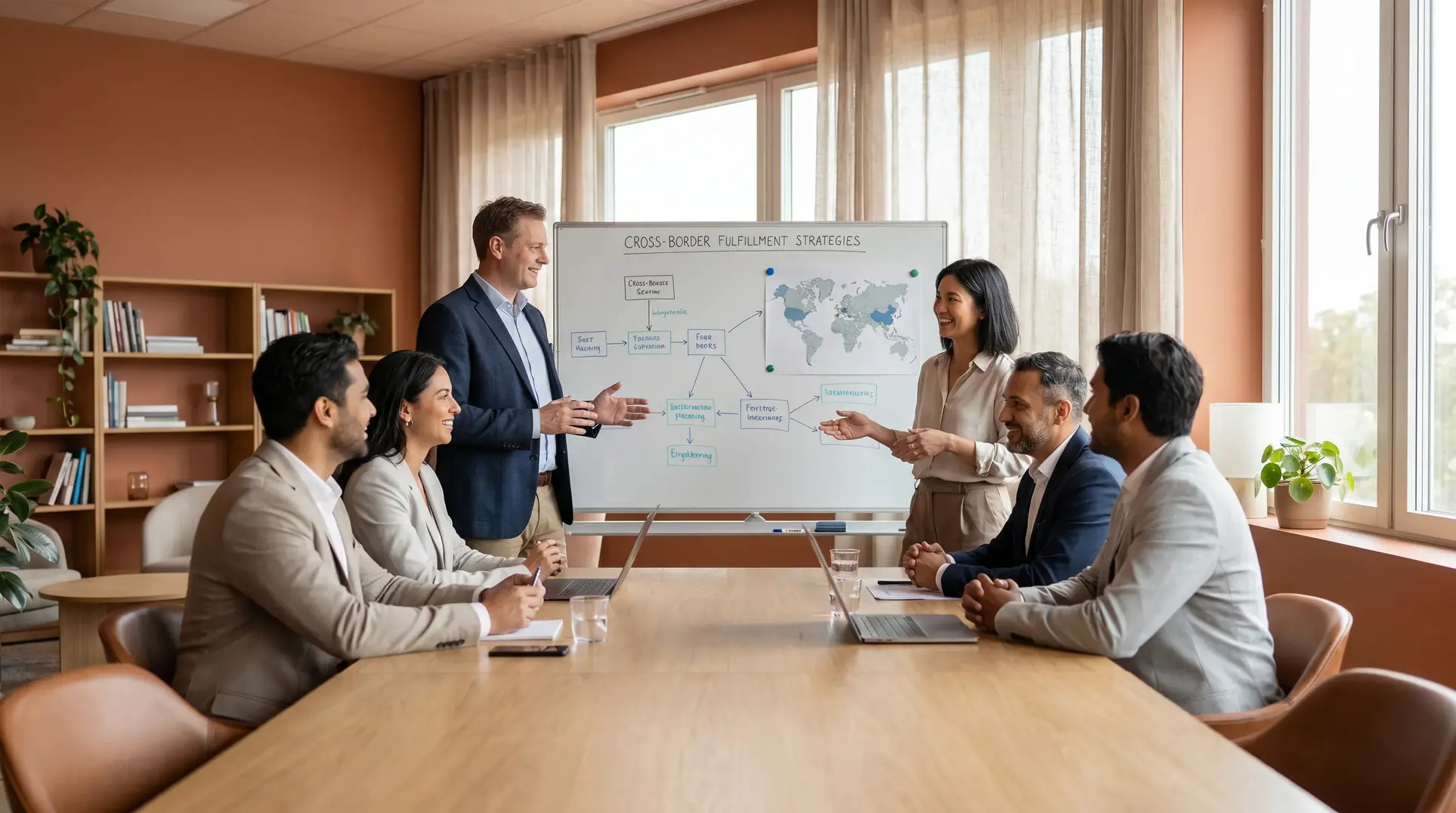 A professional business meeting with a group of people discussing 'Cross-Border Fulfillment Strategies.' Two individuals stand in front of a whiteboard displaying a map and diagrams, while others sit around a table in a bright room with books, plants, and natural light. The atmosphere is collaborative and focused.