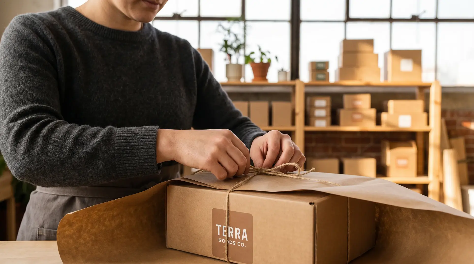 A person tying string around a cardboard box labeled 'Terra Goods Co.' in a small business or warehouse setting. Shelves in the background hold more boxes and a few potted plants, suggesting a packaging or shipping process.