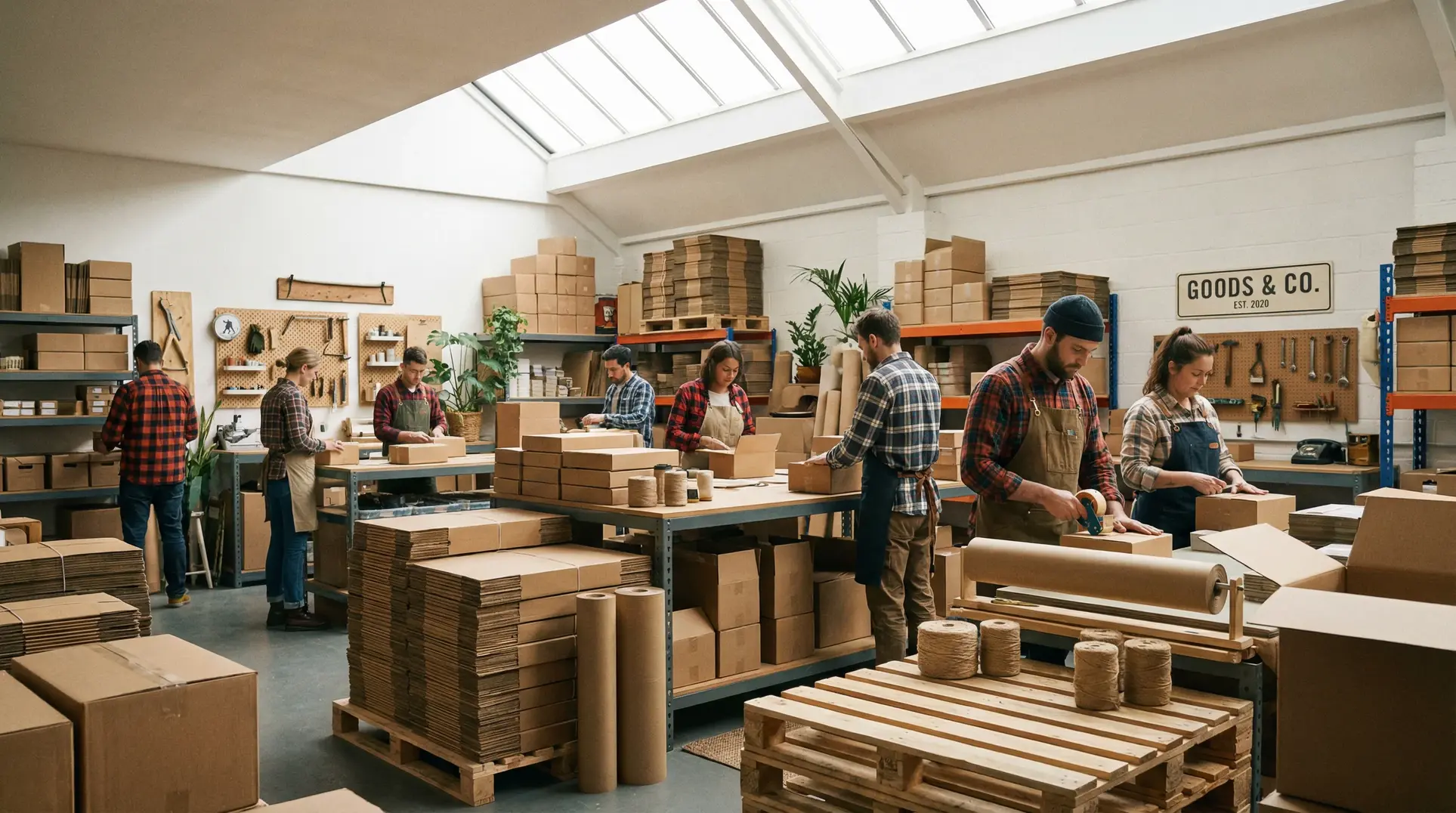 A busy and organized workshop or packing facility with people working at tables using materials like cardboard boxes, rolls of paper, and twine. Shelves are stocked with more boxes and supplies. The bright room features tools hanging on the wall, some plants, and a sign reading 'Goods & Co.'