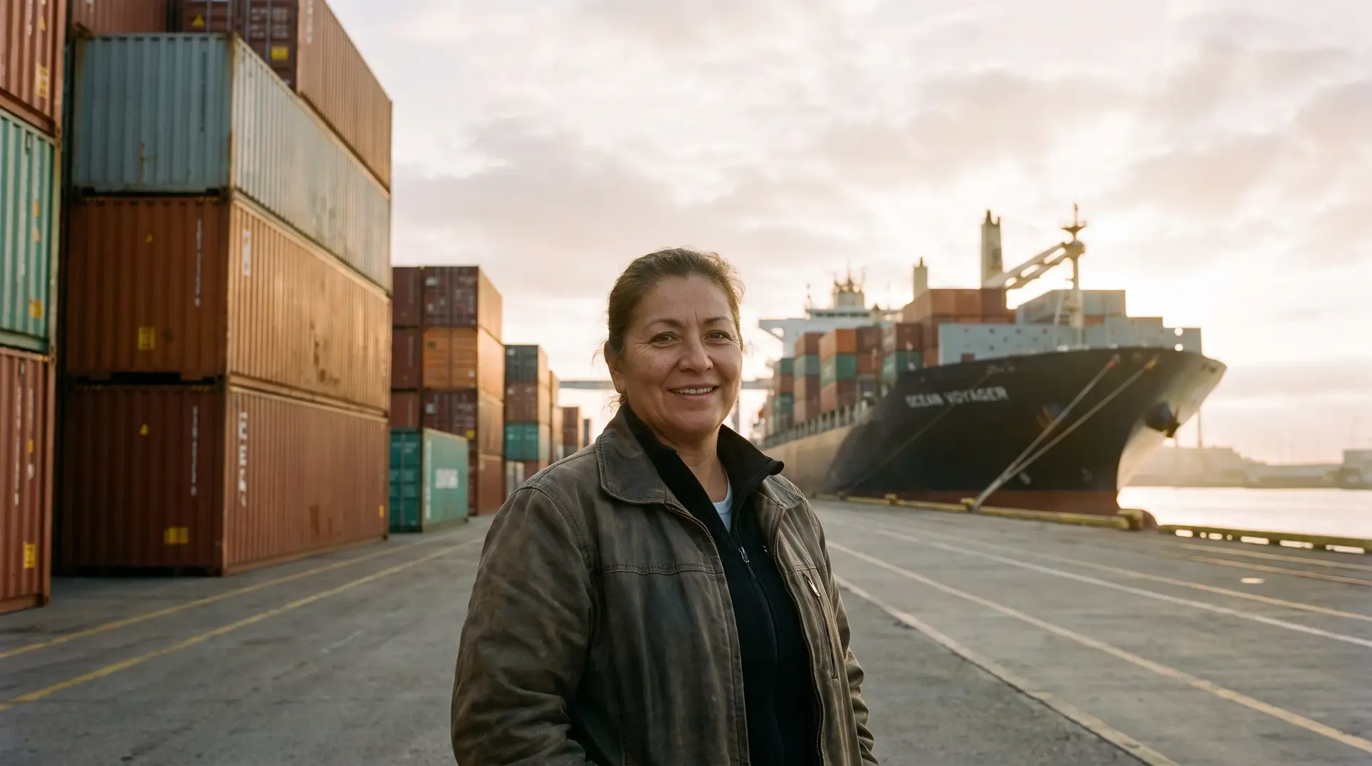 A person wearing a jacket is standing in a port area, smiling. On the left, there are stacks of shipping containers, and on the right, a large cargo ship is visible. The scene is set at sunrise or sunset, creating a calm, industrial atmosphere.