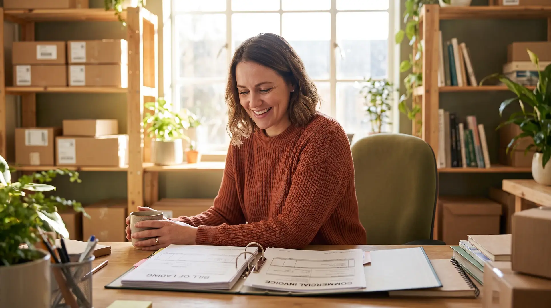 A person is seated at a desk, holding a mug and smiling. The desk features documents, books, and a pen holder, suggesting a home office or workspace. Shelves in the background hold boxes, books, and potted plants, while sunlight streams in through a large window, illuminating the room.