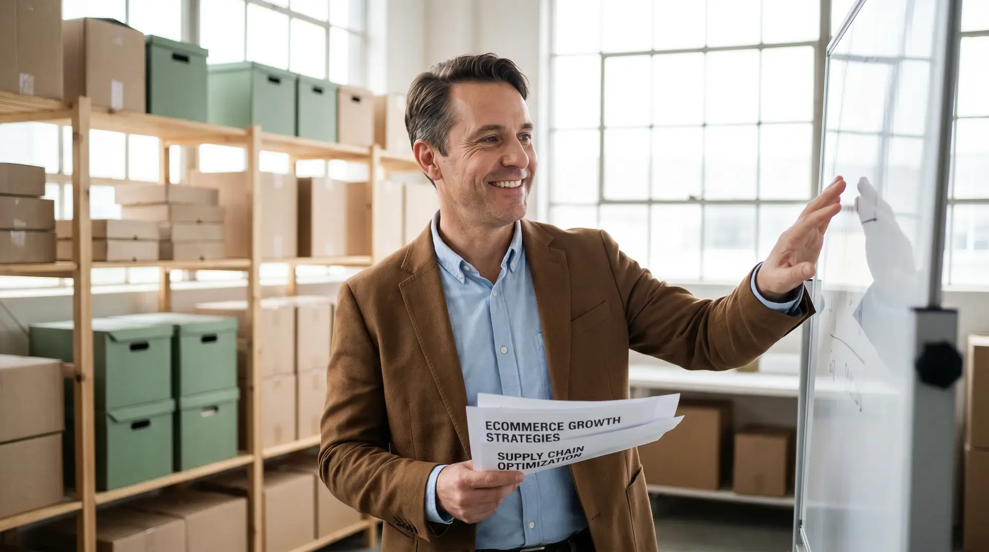 A man wearing a brown blazer is holding papers titled 'Ecommerce Growth Strategies' and 'Supply Chain Optimization' while smiling and pointing at a whiteboard. Shelves with boxes and storage containers are visible in the background, suggesting an office or warehouse setting.