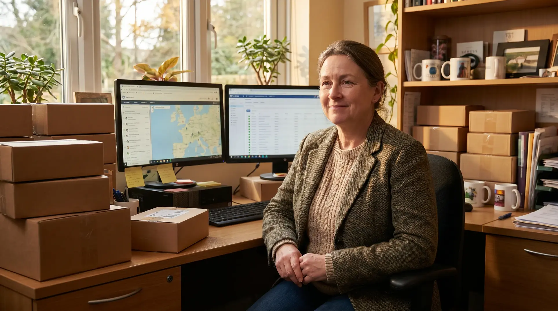 A person wearing a sweater and blazer sits at a desk with two computer monitors displaying maps and data. Cardboard boxes are stacked on and around the desk in an office space. In the background, there are bookshelves holding mugs and office supplies, suggesting a workspace related to logistics or shipping.