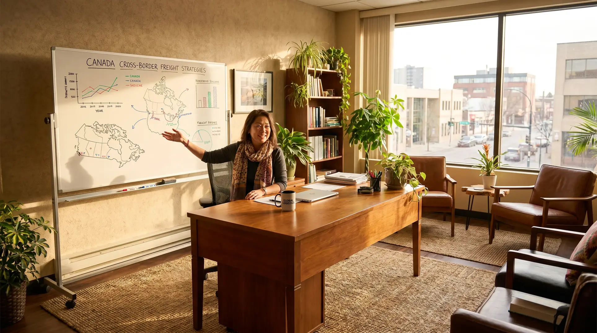 A professional office setting with a person seated at a wooden desk, gesturing toward a whiteboard. The whiteboard shows charts and maps titled 'Canada Cross-Border Freight Strategies.' The well-lit office features large windows, bookshelves, and potted plants, creating an organized and professional atmosphere.