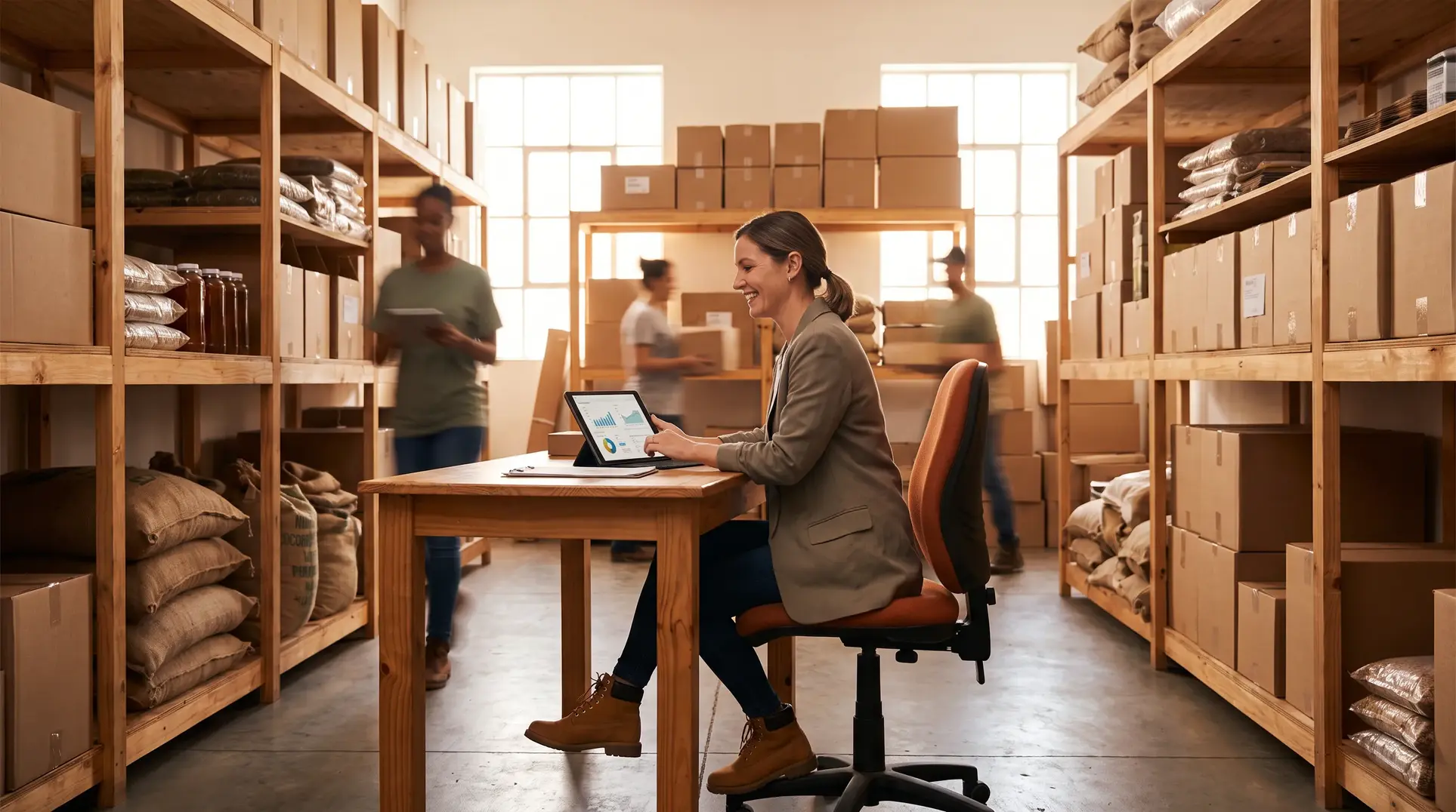 A well-lit and organized warehouse with shelves filled with boxes, sacks, and other items. A person is seated at a central desk working on a tablet or laptop, while other individuals in the background move around and handle packages.