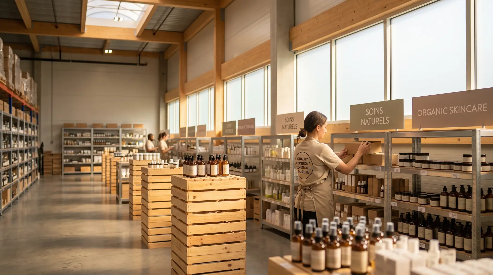 The interior of a well-lit warehouse stocked with shelves holding skincare and beauty products like jars and bottles. Signs above the shelves read 'SOINS NATURELS' and 'ORGANIC SKINCARE.' Workers are organizing stock, and one wears an apron labeled 'QUALITY CONTROL.' Large windows let in natural light.