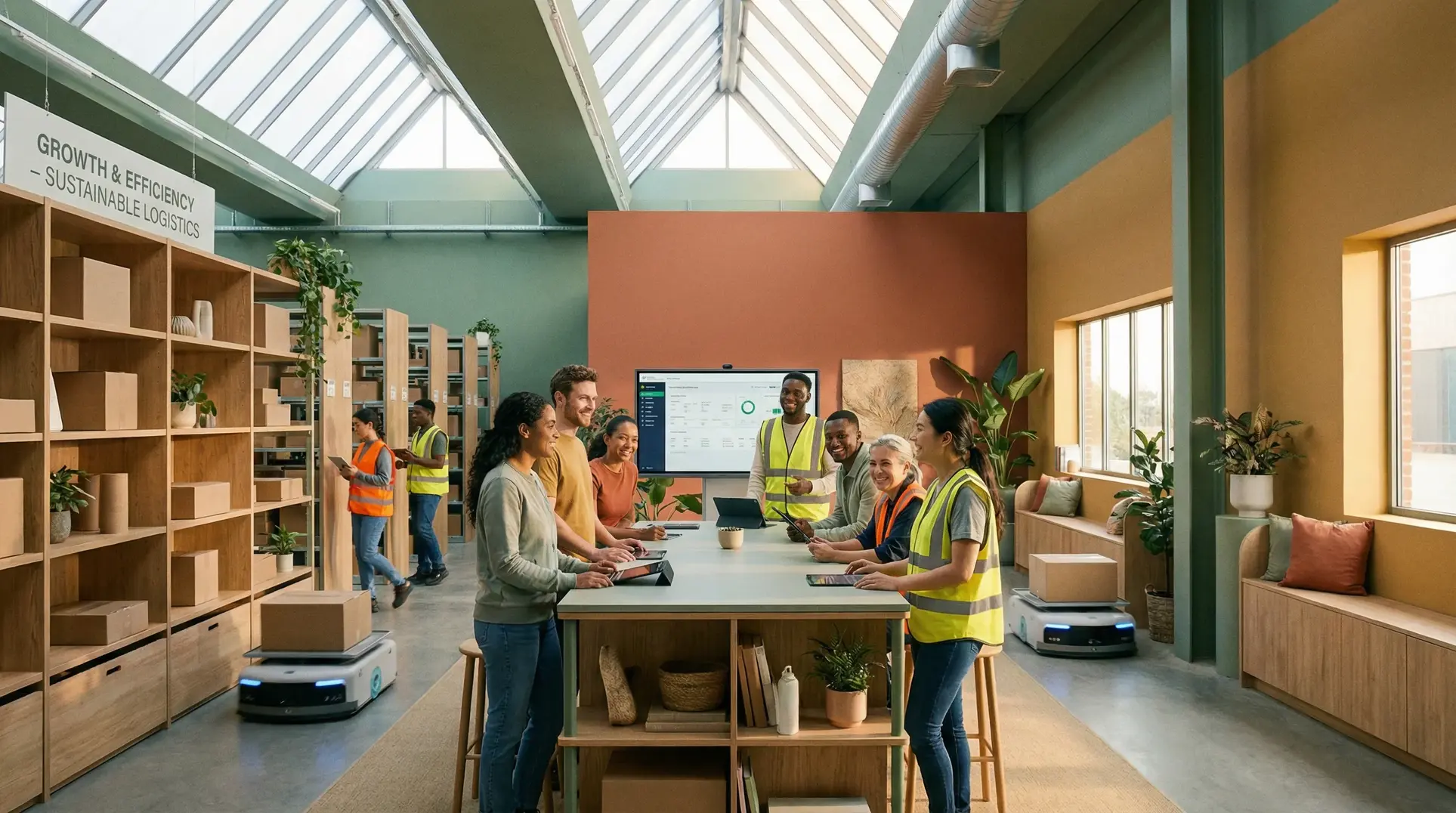 A group of people in a well-lit modern office or warehouse space gathered around a table using electronic devices like tablets and laptops. Some are wearing high-visibility vests. Nearby are shelves with boxes and robotic carts moving packages. A screen displays data, and a sign in the background reads 'Growth & Efficiency – Sustainable Logistics.' The space is decorated with plants and emphasizes logistics and workspace efficiency.