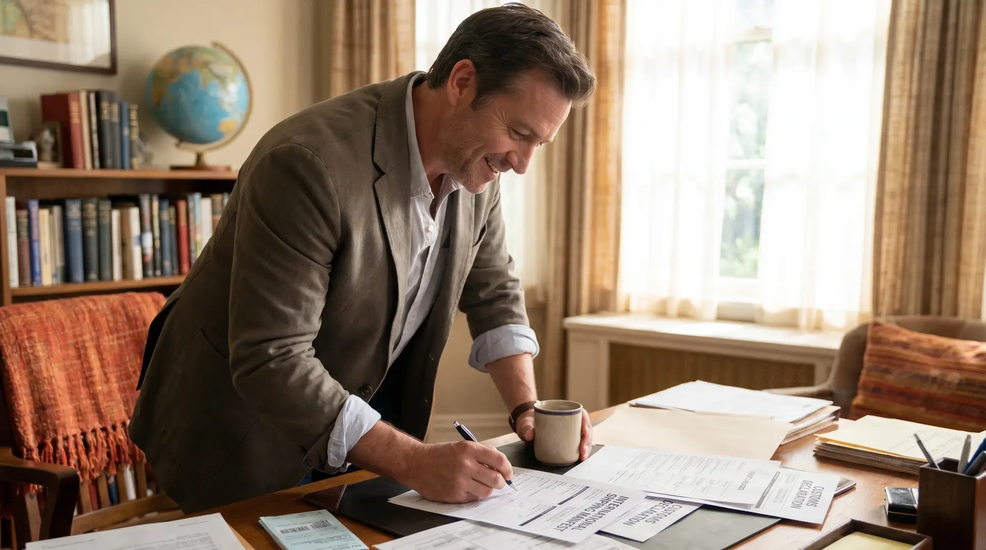 A man stands at a desk writing on a document while holding a coffee cup. The desk is cluttered with papers, folders, and office supplies. In the background, there is a bookshelf filled with books and a globe. The room appears to be an office or study with large windows and curtains.