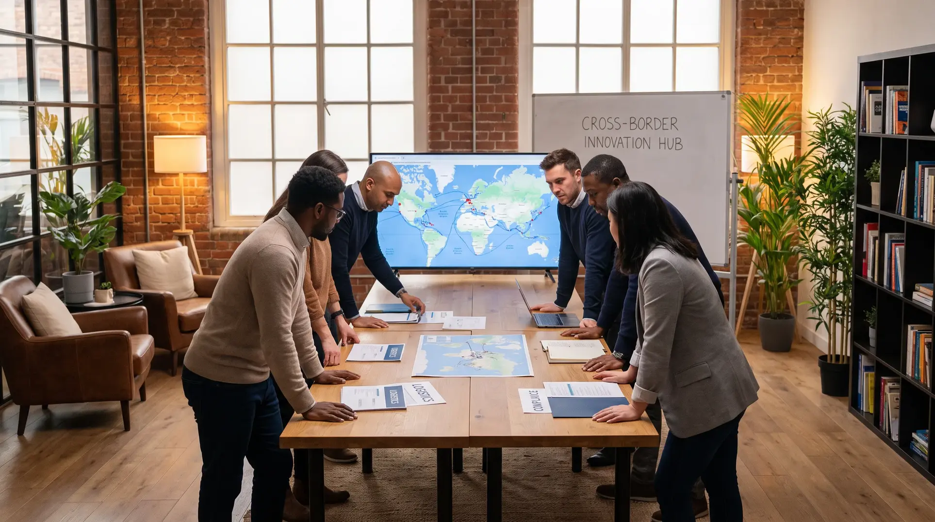 A group of people in a modern office setting gathered around a large table, engaging in a discussion or planning session. A world map is on the table and a larger map is displayed on a screen in the background. The space includes a whiteboard with 'Cross-Border Innovation Hub' written on it, comfortable seating, plants, and bookshelves, creating a collaborative and creative environment.