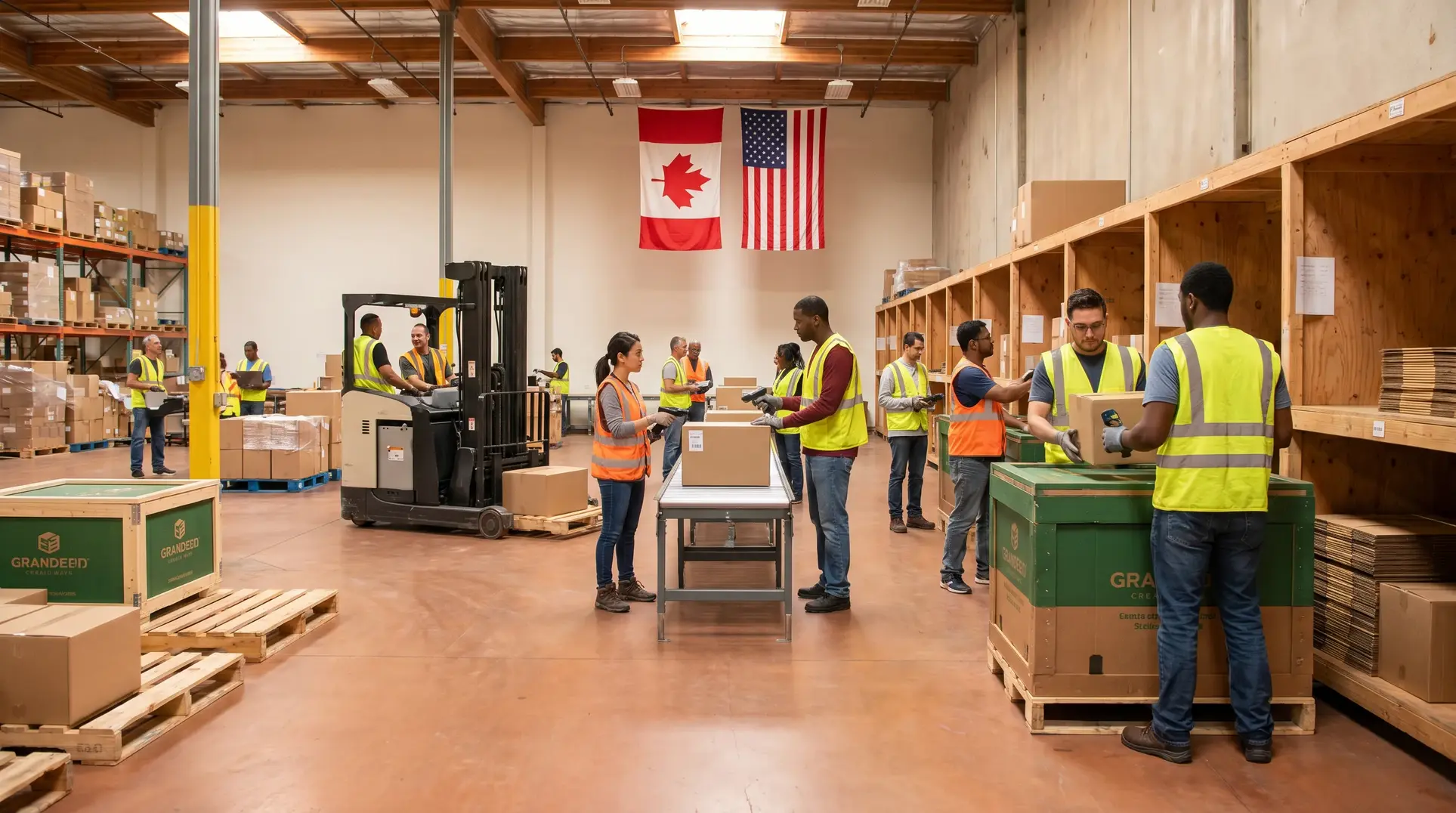 A bustling warehouse where workers in safety vests are engaged in logistics tasks. Activities include operating forklifts, managing boxes on conveyor belts, and organizing inventory on shelves. Flags of Canada and the USA hang on the wall, suggesting a North American setting. Stacks of boxes and pallets indicate shipping and storage operations.