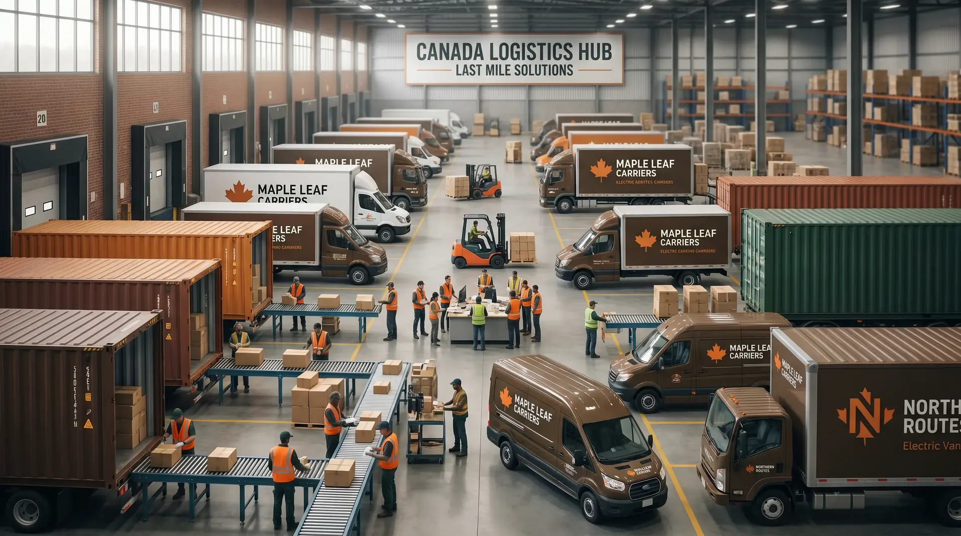 The image depicts a bustling warehouse labeled 'Canada Logistics Hub,' specializing in last mile delivery solutions. Inside, delivery trucks from 'Maple Leaf Carriers' and 'Northern Routes' are parked. Workers in safety vests are seen moving boxes, organizing items on conveyor belts, and operating forklifts to transport packages. Shipping containers are being actively loaded and unloaded, showcasing a well-coordinated logistics and distribution center.