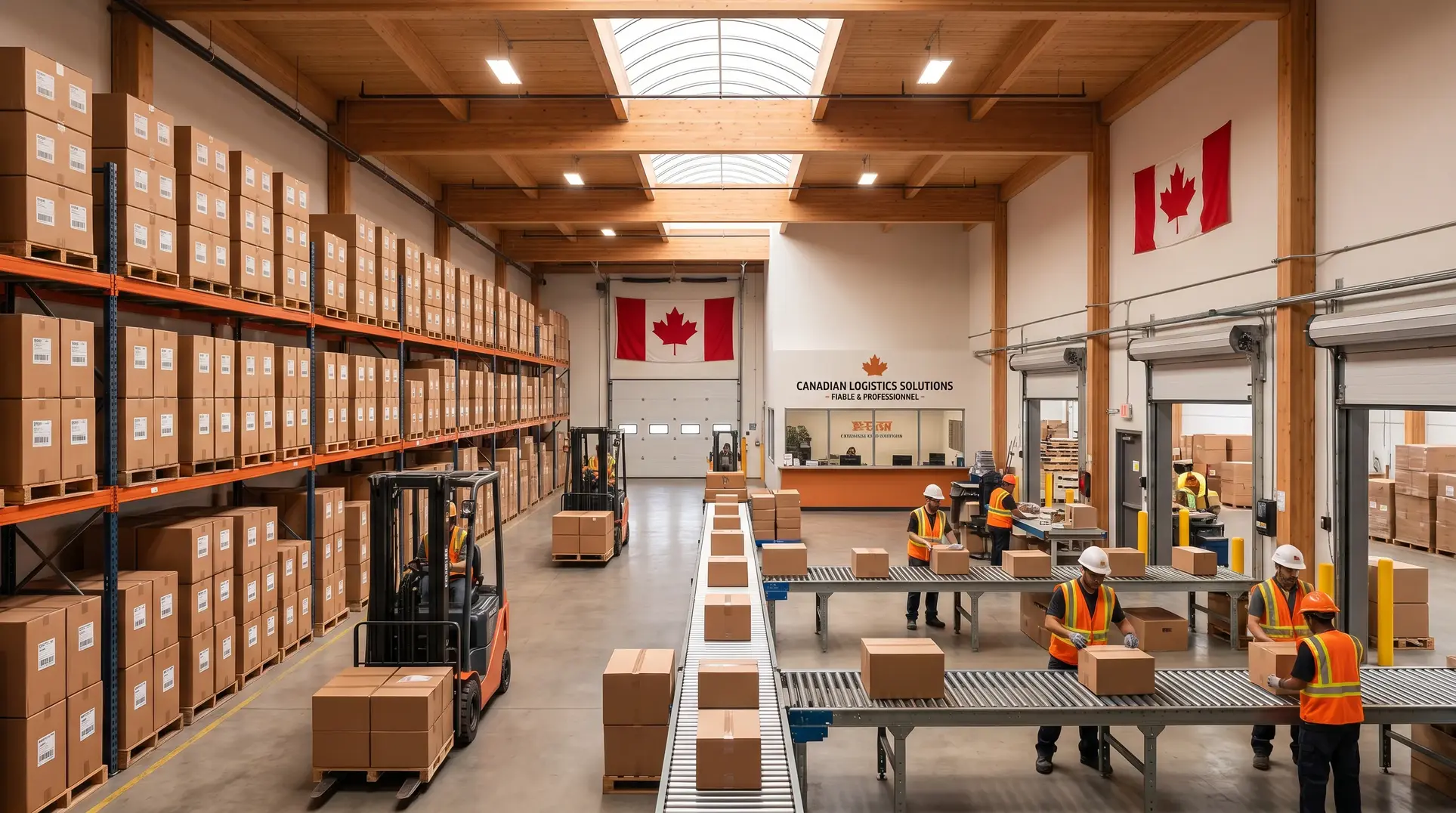 A warehouse or logistics facility showing rows of shelving filled with cardboard boxes. Workers in safety vests and helmets are seen handling packages on conveyor belts, while forklifts move pallets. Canadian flags are displayed on the walls, and signage reads 'Canadian Logistics Solutions – Fiable & Professionnel,' indicating it is a Canadian-based logistics company.
