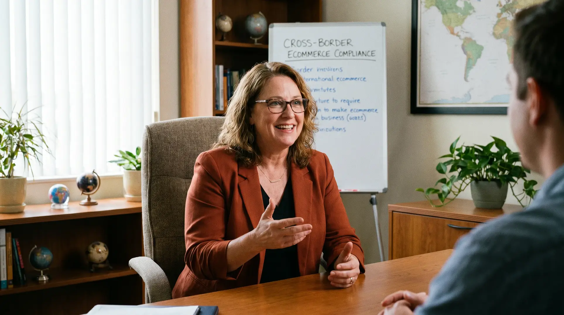 A woman in an office setting sitting at a desk, smiling, and gesturing while having a conversation. Behind her is a whiteboard labeled 'Cross-Border Ecommerce Compliance' with text underneath. The background includes plants, a bookshelf, a globe, and a map on the wall.