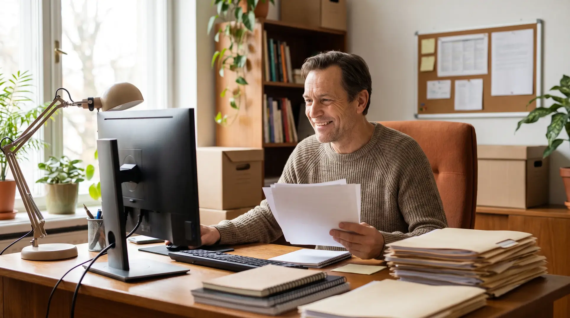 A person sits at a desk, smiling while holding a stack of papers and working on a computer. The desk features a lamp, a keyboard, and multiple stacks of papers and notebooks. The office is adorned with plants, bookshelves, and a bulletin board, creating a comfortable and organized workspace.