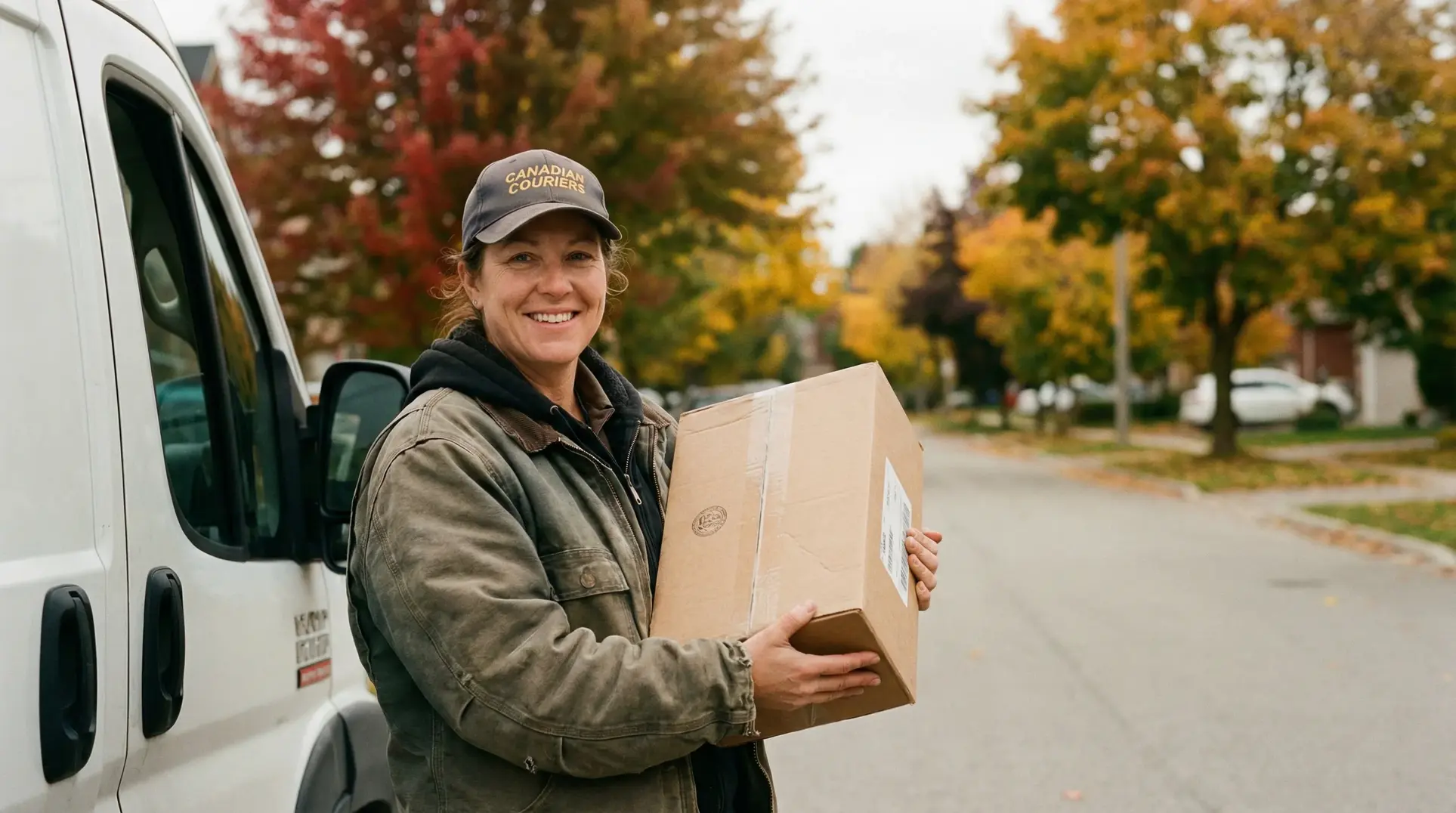 A person wearing a cap with the text 'CANADIAN COURIERS' and a jacket stands on a residential street holding a cardboard package. They are next to a white delivery van, with autumn trees showcasing colorful leaves in the background.