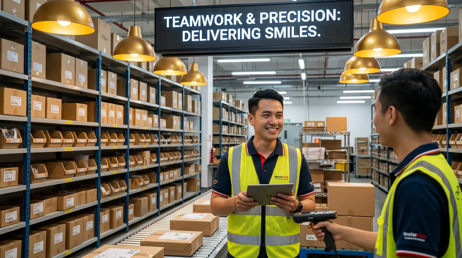 Two workers in a warehouse wearing high-visibility vests. One holds a tablet, and the other holds a barcode scanner. Shelves filled with boxes are in the background, and a sign above them reads, 'TEAMWORK & PRECISION: DELIVERING SMILES.'