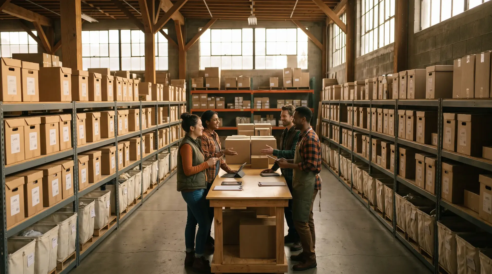 An organized storage warehouse with shelves filled with cardboard boxes. In the center, a table is surrounded by four people engaged in conversation, with clipboards and laptops on the table, indicating a discussion about inventory or logistics. The warehouse has large windows and a wooden ceiling structure.