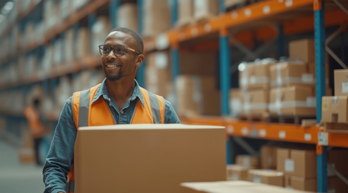 A person wearing an orange safety vest is holding a cardboard box in a warehouse with shelves lined with multiple boxes.